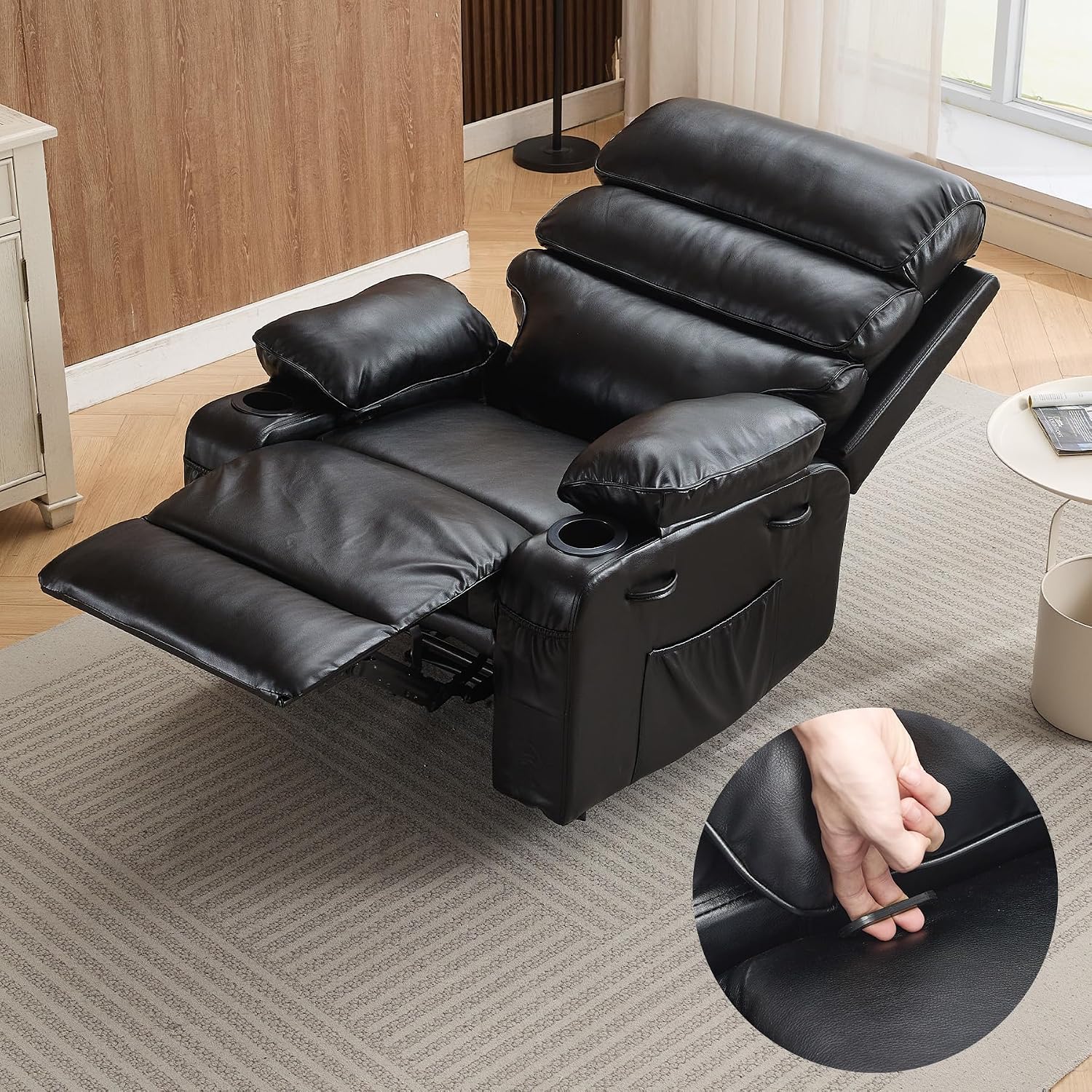 PU Leather Extra Wide Manual Recliner for Adults with Massage and Heat, Large Lazy Chair with 1.5X Sponge Comfort Arm and Back for Living Room, Bedroom