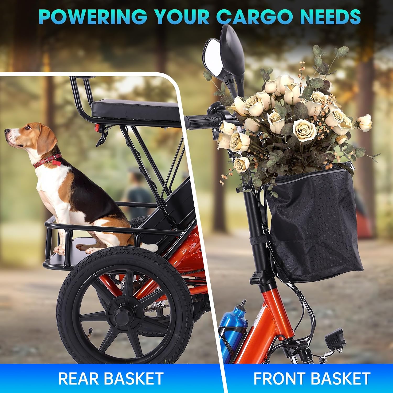 E Trike Electric Bike, 350W(Peak 500W) Brushless Motor Folding Trike, 2 Seats Ebike, 480Wh Removable Battery, Step-Thru 3 Wheel Electric Bicycle, Up to 45 Miles, Tricycle for Adults Parents