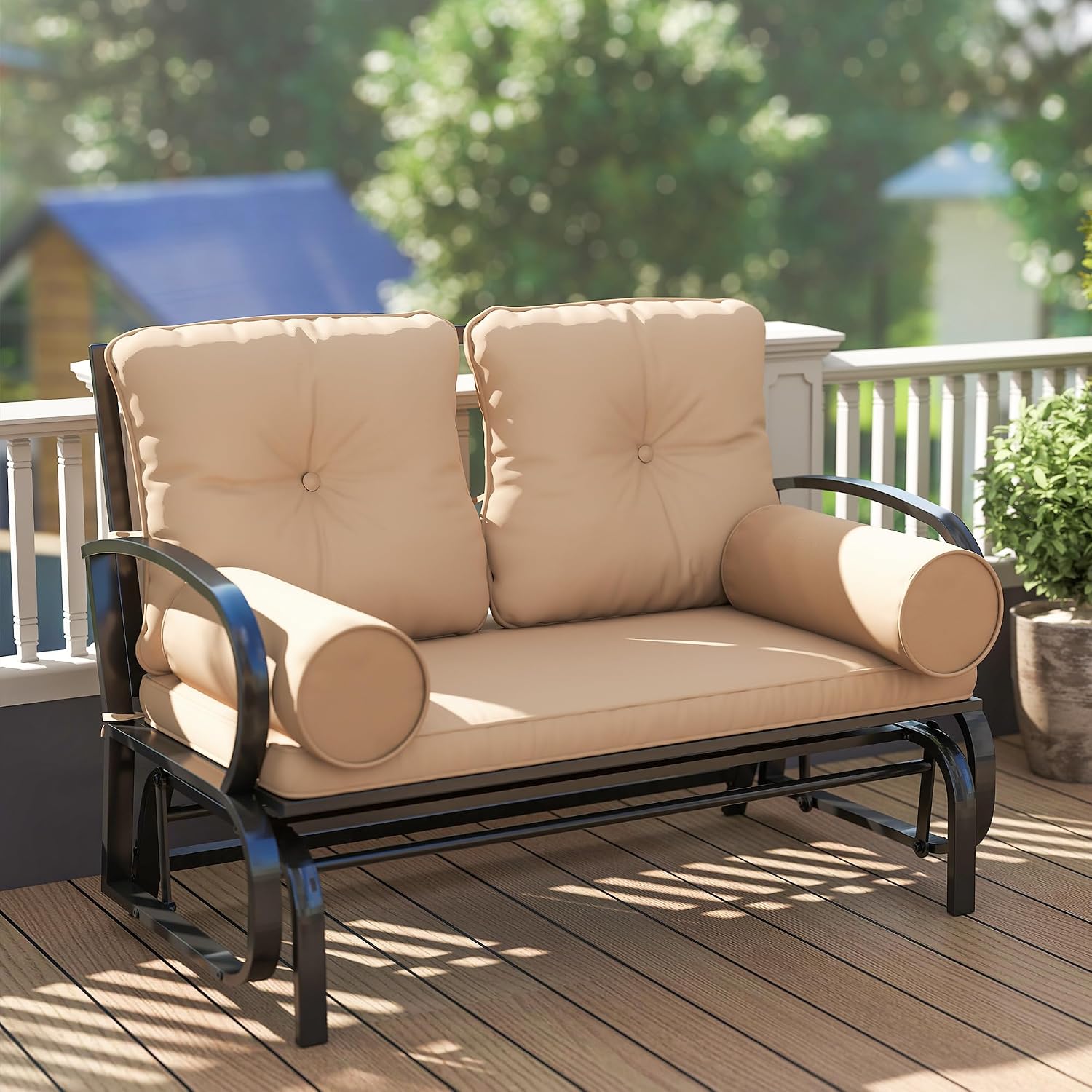 Outsunny Swing Glider Rocking Chair, Double Patio Bench, 2 Person Loveseat with Steel Frame, Cushions, Pillow Armrests, Khaki