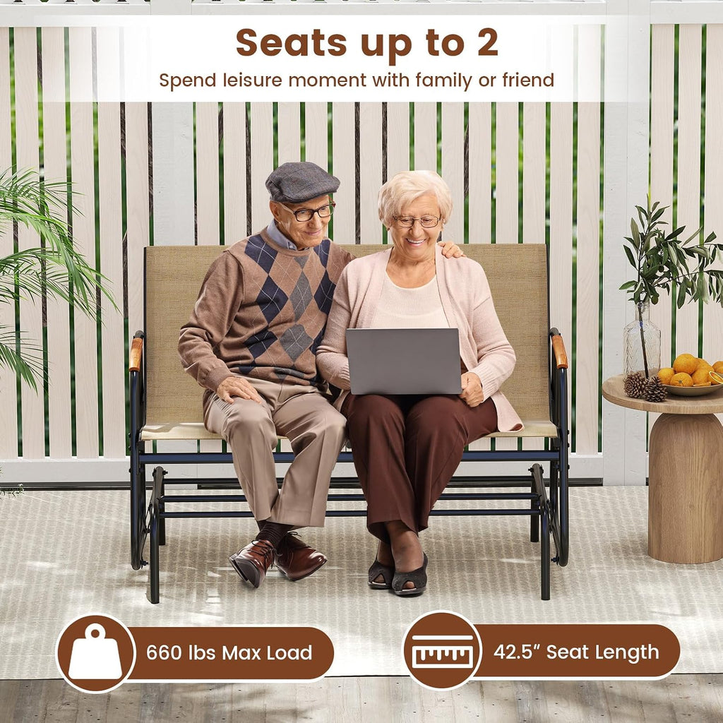 Giantex Patio Glider Bench, 2-Person Swing Gliding Loveseat with Curved Teak Armrests, Fabric Seat, Metal Frame, Load 660lbs, Outdoor Rocking Chair for Porch, Yard, Poolside (29'x45'x33')
