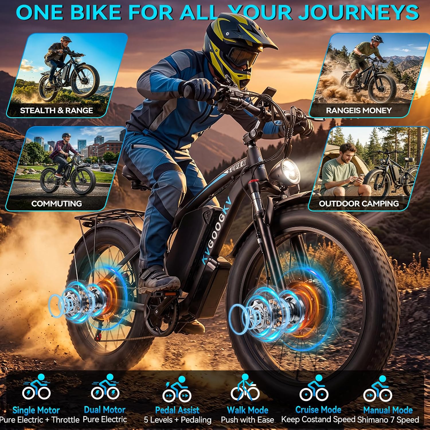 9000W Peak 58V Max-Output Ebike for Adults, Powerful 34Ah Battery Dual Motor Ebike, 47MPH Top Speed Fast E-Bike, Up to 105 Miles 24'x4.0 Fat Tires Electric Mountain Bicycle for Sand Beach Snow