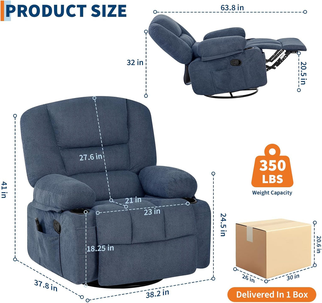 Rocker Recliner Chair with Heat and Massage,Nursery Recliner 360° Swivel Oversized Chairs for Adults,Chenille Lazy Boy Single Sofa Seat with 3 Positions,Side Pockets,2 Cup Holders for Living Room,Blue