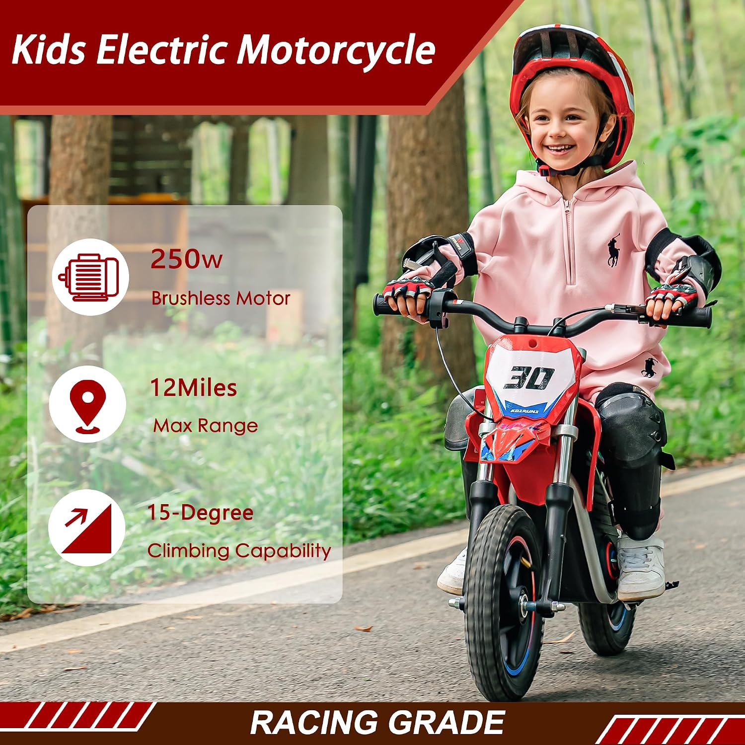 OLALA 36V Electric Dirt Bike for Kids 3-6, 250W Brushless Motor with 3-Speed Control, 15.5 MPH Max Speed, 12' Off-Road Tires Motorcycle, for Boys & Girls, Red