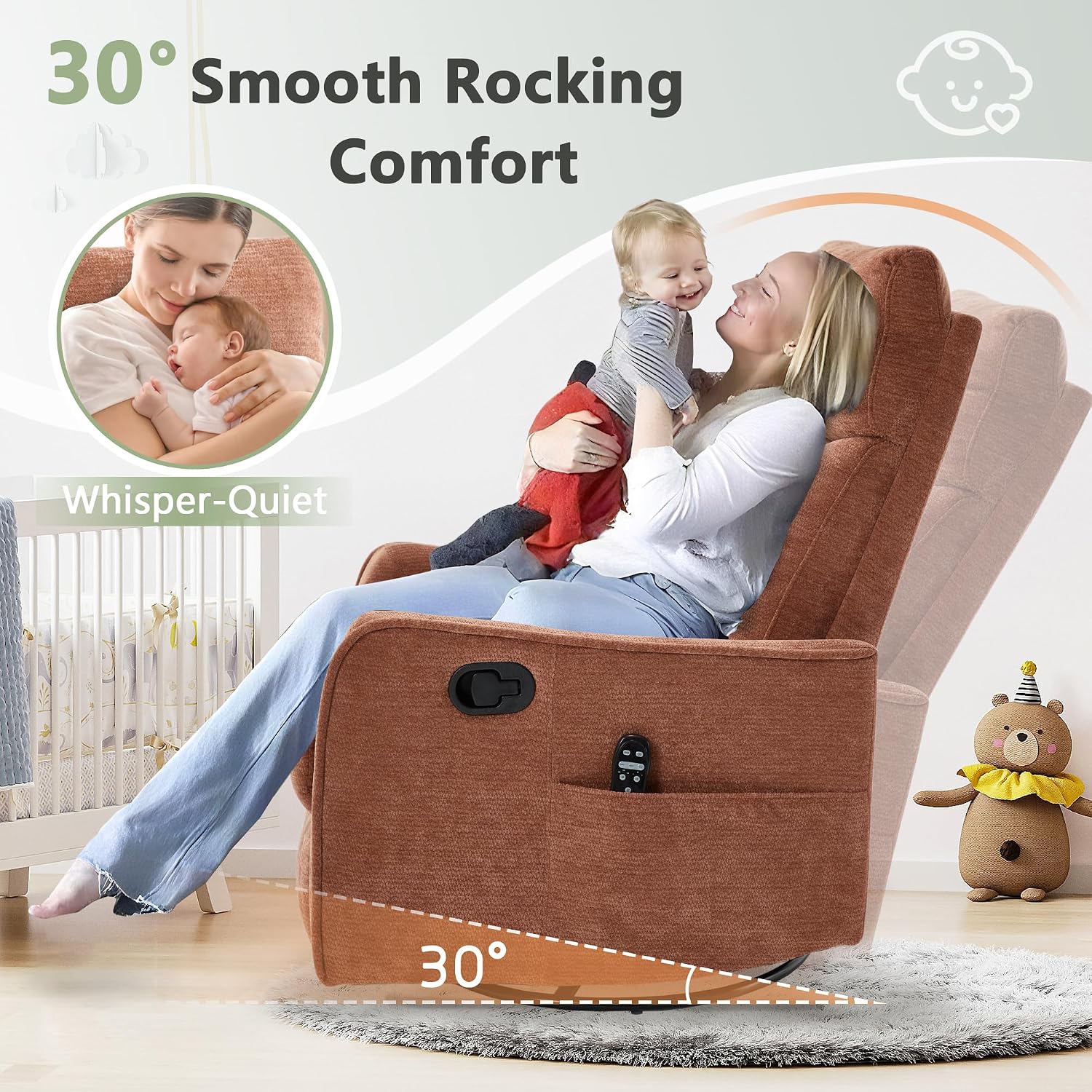 cinkehome Heated Massage Swivel Rocker Recliner Chair for Nursery - Small Space Reclining Chair with Lumbar Support, 360° Swivel & Gentle Rocking, Ergonomic High Back, Orange Chenille