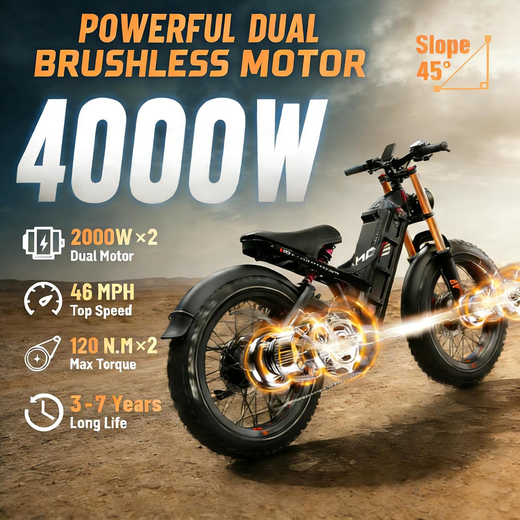 eAhora Romeo Pro 2 ebike-[2026 Latest] 46 MPH 4000W Dual Motor Ebike,52v 70Ah 200 Miles Long Range Electric Bike for Adults，26' Fat Tire Full Suspension Mountain Bike,Off-Road Fastest Electric Bike