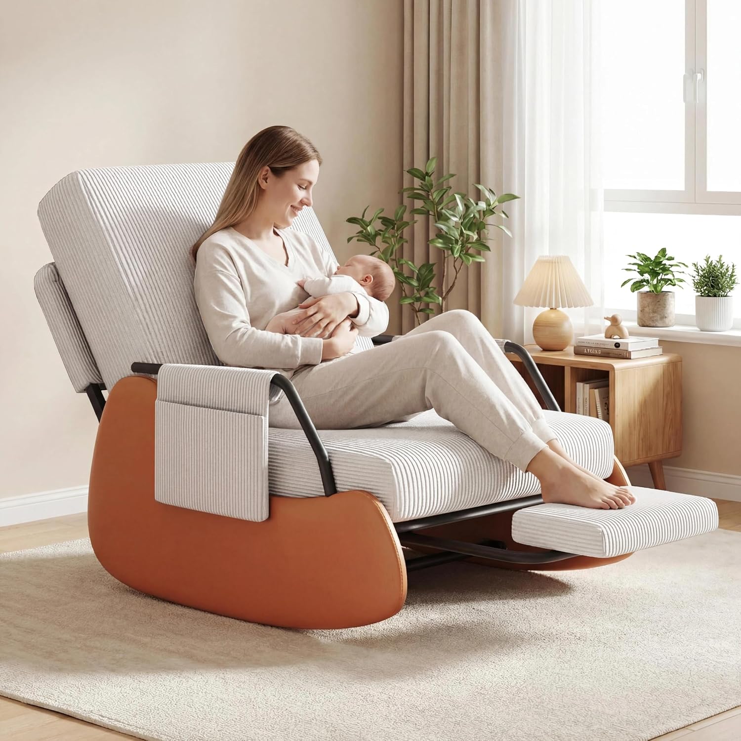 Furniliving Modern Glider Rocking Chair, Upholstered Nursery Glider Chair with Adjustable Recline & Retractable Footrest, Comfortable Lounge Chair for Mom Nursery Living Room Bedroom White