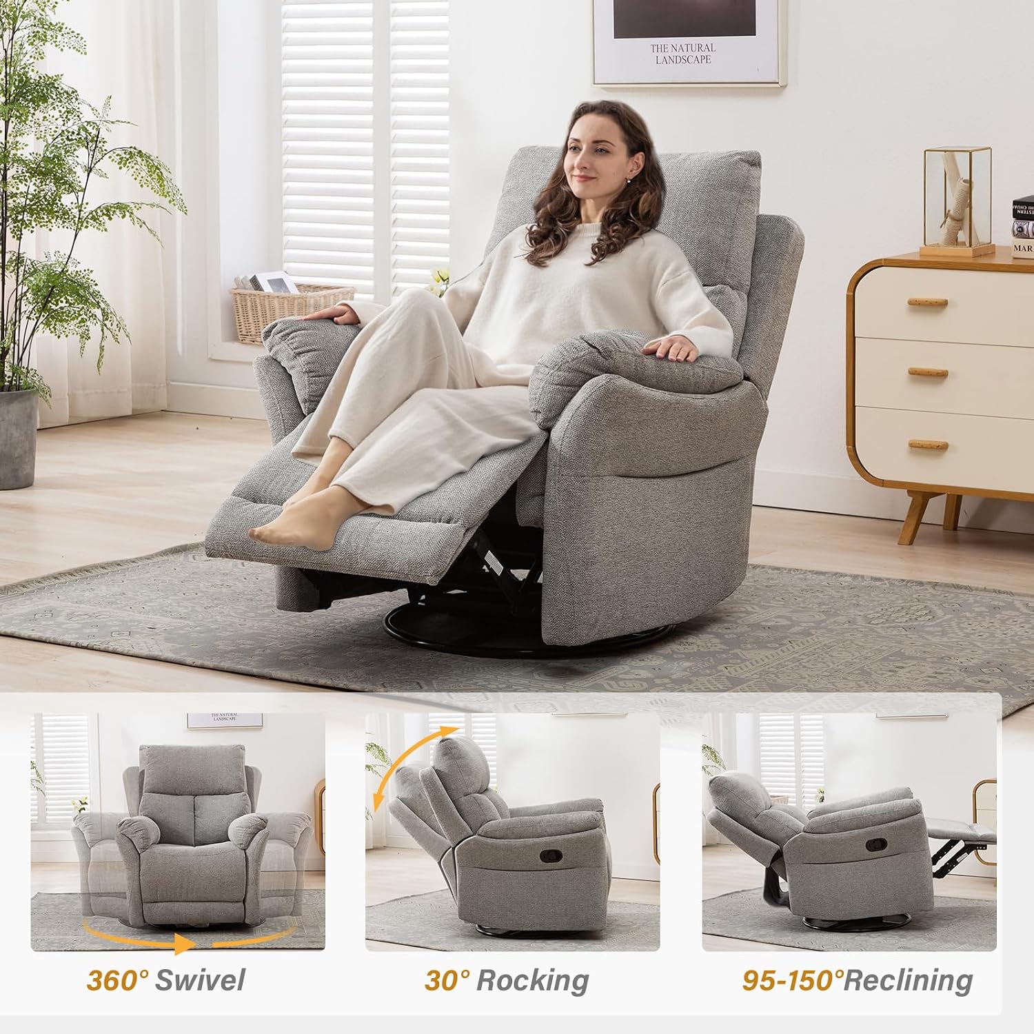 ANJ Swivel Rocker Recliner Nursery Chair, Manual Glider Rocking Recliner Chairs for Adults, Rocking Chair Nursery ReclinerS, 360° Swivel Lazy Boy Recliner Chairs for Living Room, rv, Silver Grey