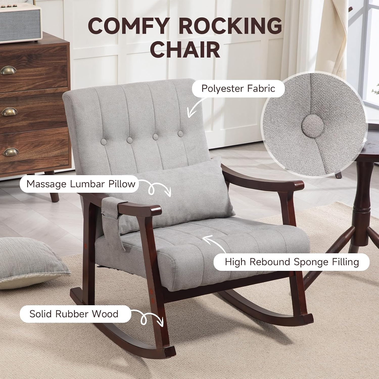 AVAWING Upholstered Rocking Chair Set of 2, Small Fabric Glider Rocker with 2-Point Massage Lumbar Pillow and Solid Wood Legs, for Bedroom and Living Room, Light Grey