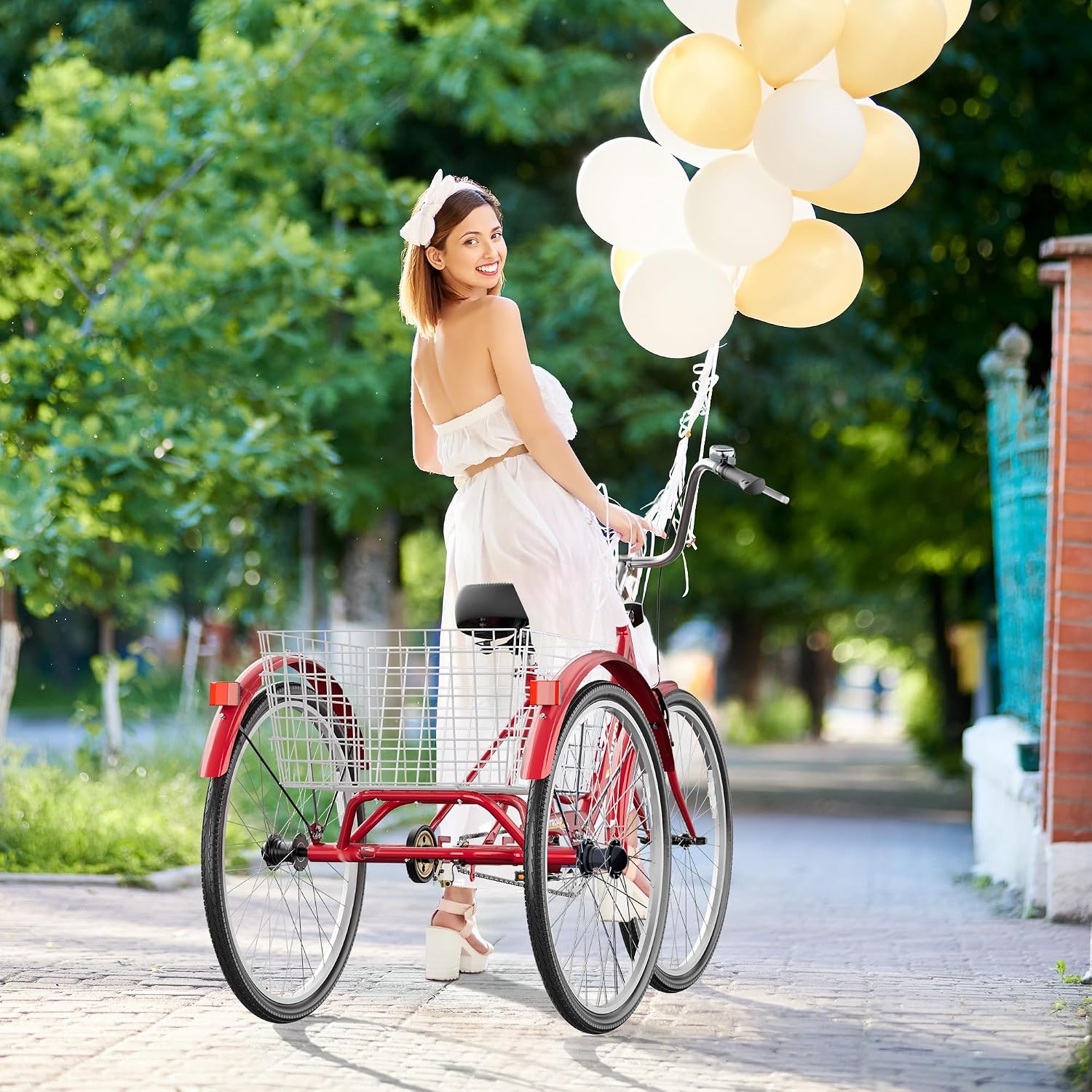1 Speed Adult Tricycle, 24 Inch 3 Wheel Bikes with Large Basket, Cruiser Bike for Women/Men/Seniors, Adult Trike for Outdoor/Shopping/Recreation/Picnic (Red)