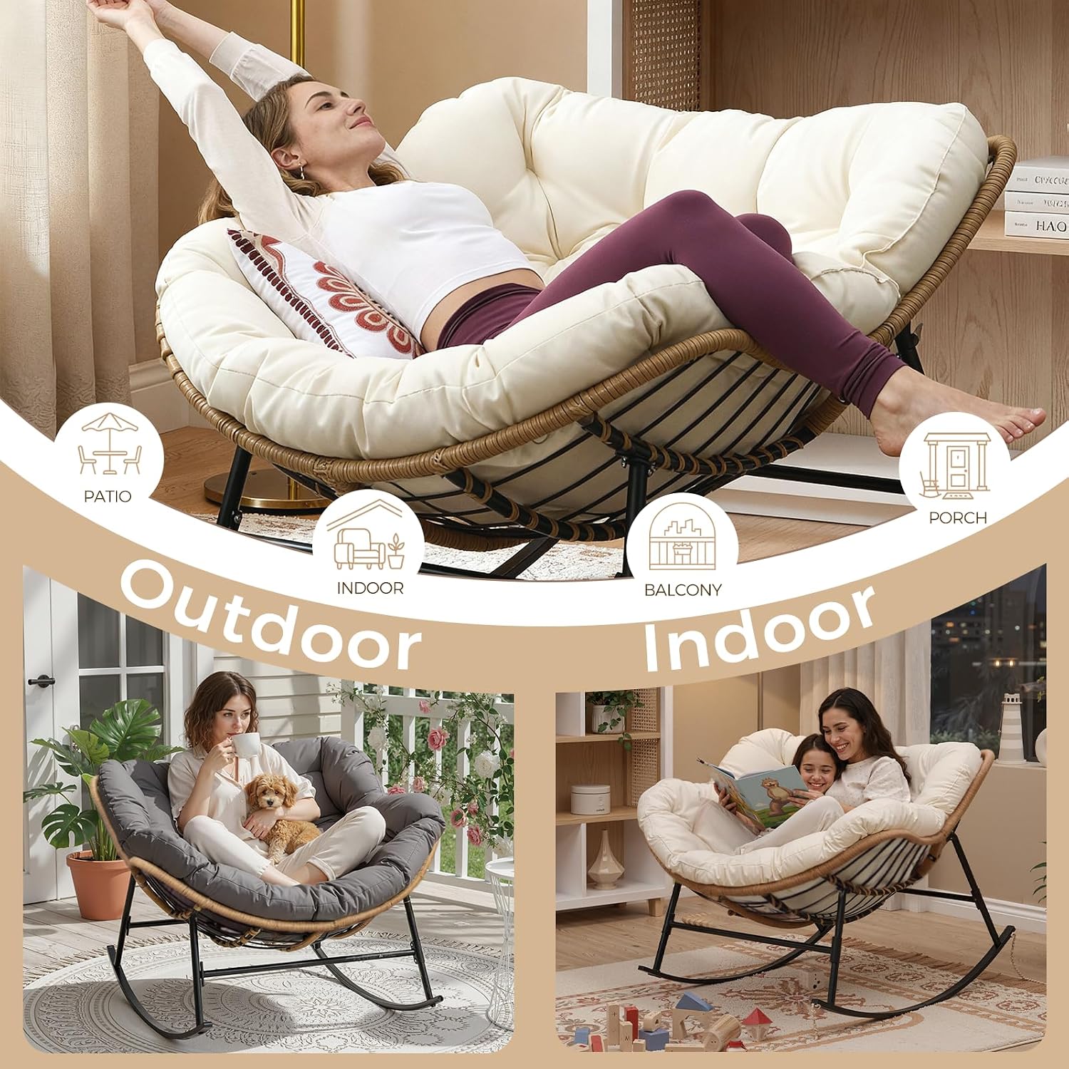 FINCATI Indoor Outdoor Papasan Rocking Chair, Modern Large Reading Lounge Recliner with Cushion, Comfy Big Wicker Rattan Egg Chairs, 450 lbs Sturdy Glider for Bedroom Living Room Porch Garden Grey
