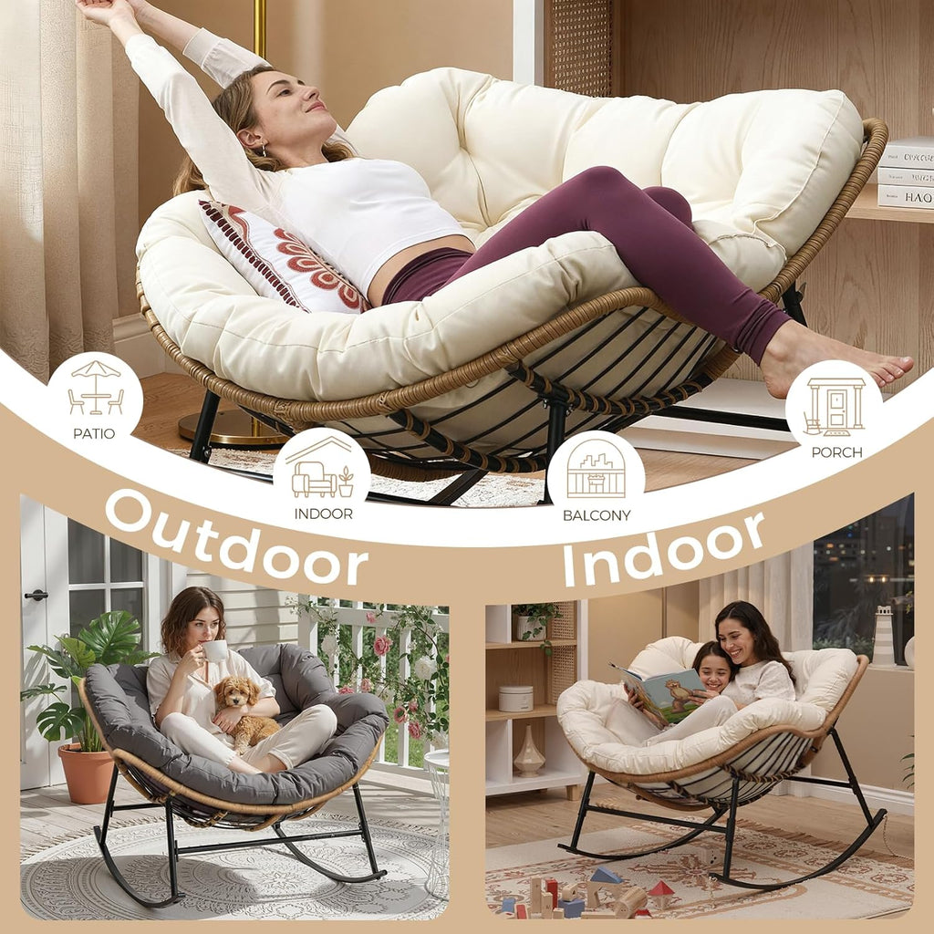FINCATI 2 PCS Indoor Outdoor Papasan Rocking Chair, Oversized Double Wide PE Wicker Recliner with Cushion and Frame, 700 lbs Capacity, Comfy Lounge Chairs for Reading, Bedroom, Balcony & Garden Grey