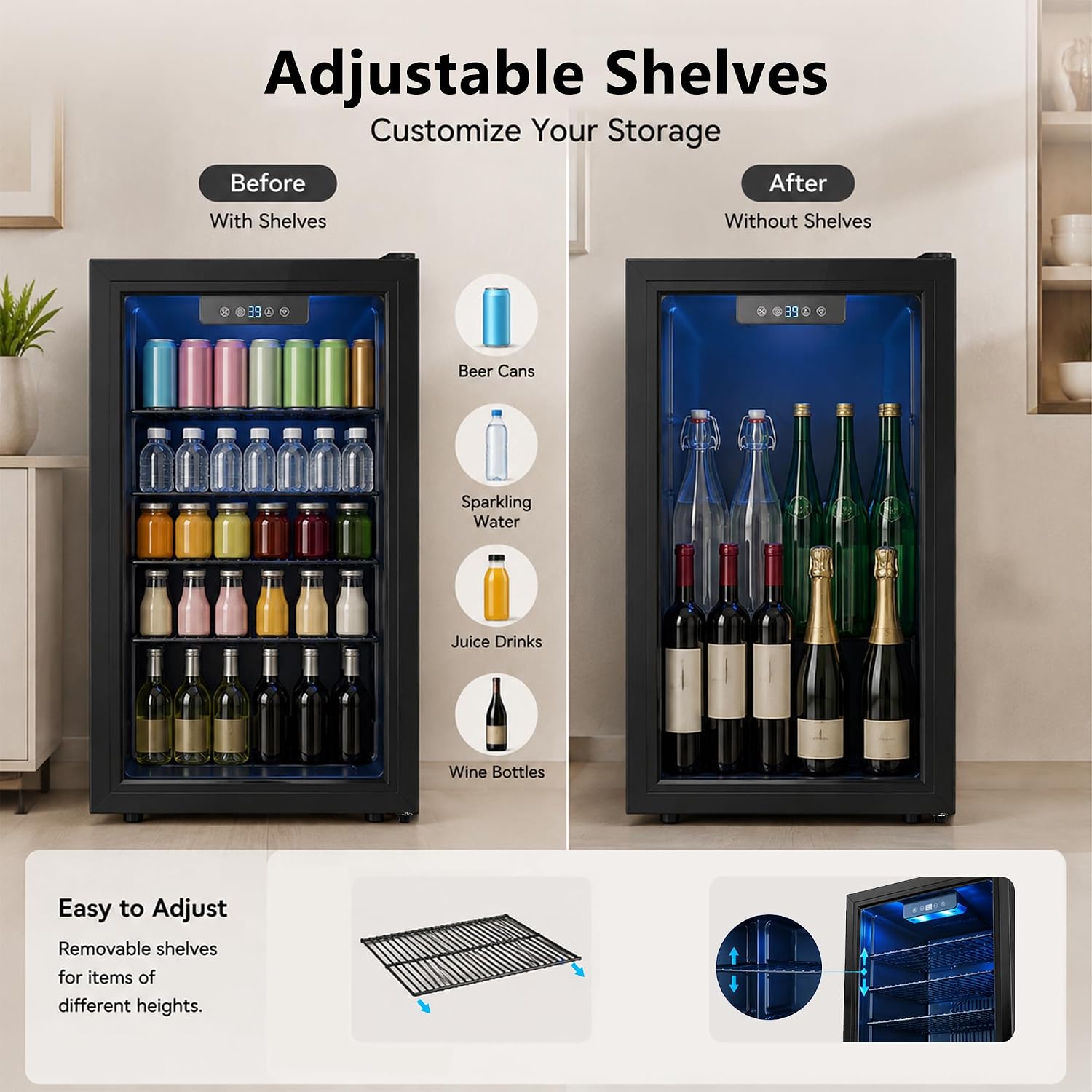 3.3 Cu Ft Beverage Refrigerator, 126 Can Mini Fridge with Glass Door, Digital Temperature Control, Quiet Beverage Cooler Fridge for Beer Soda Wine, Air Cooling for Home Office Bar