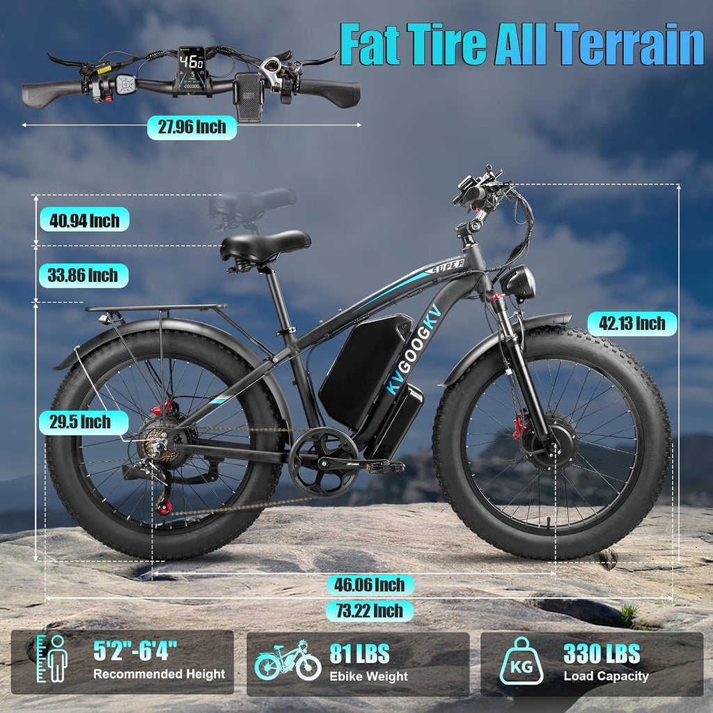 9000W Peak Electric Bike for Adults, 58V Max-Output 1972Wh Dual Motor E-bike, 47MPH Top Speed Fast E-Bike, Up to 105 Miles Long Range,24' x4.0 Fat Tire, Electric Mountain Bicycle for Sand Beach Snow