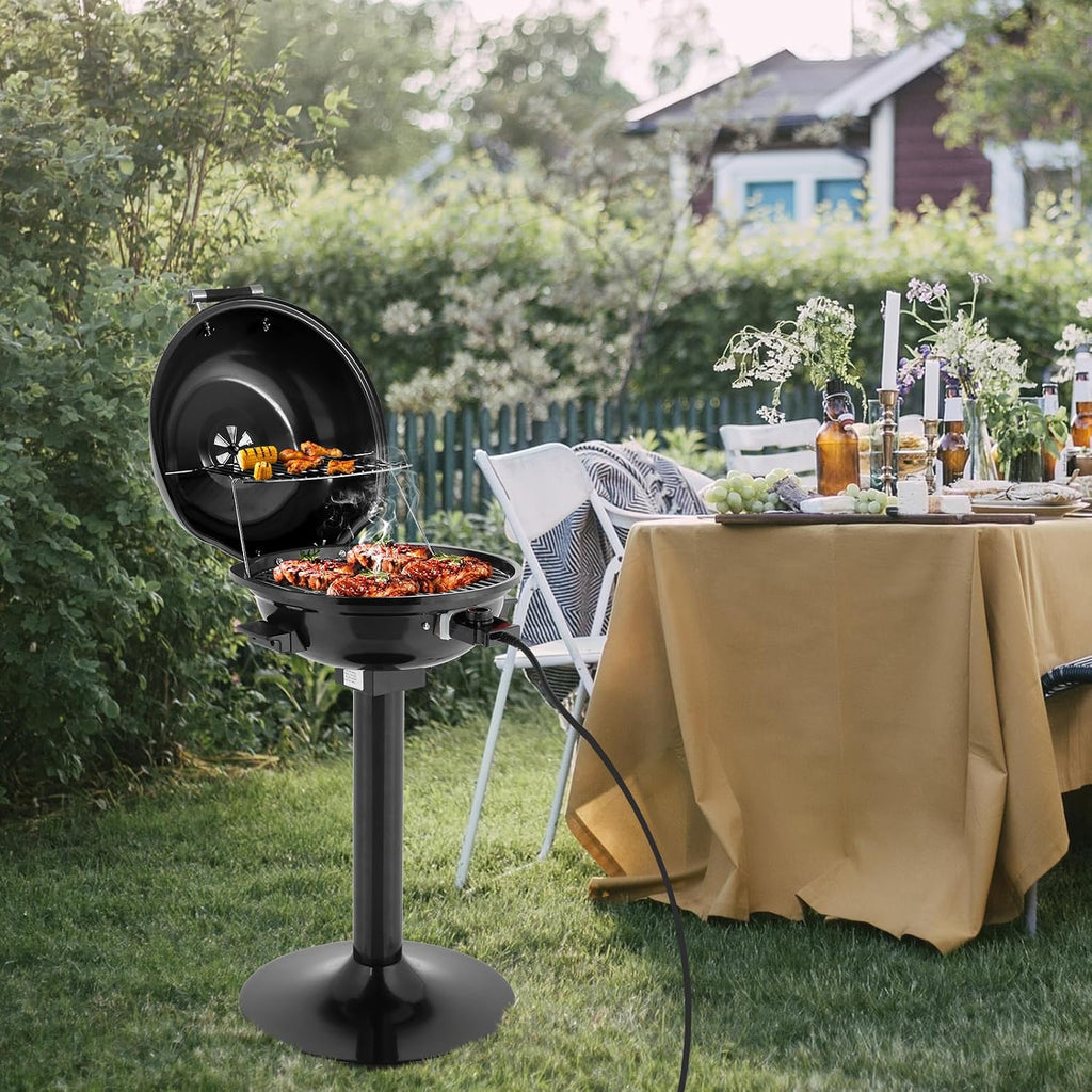 Electric Grill for Indoor Outdoor, Portable Double Layer Design Countertop BBQ Grills with Lid Stand/Tabletop Options for Barbecue Cooking (Black)