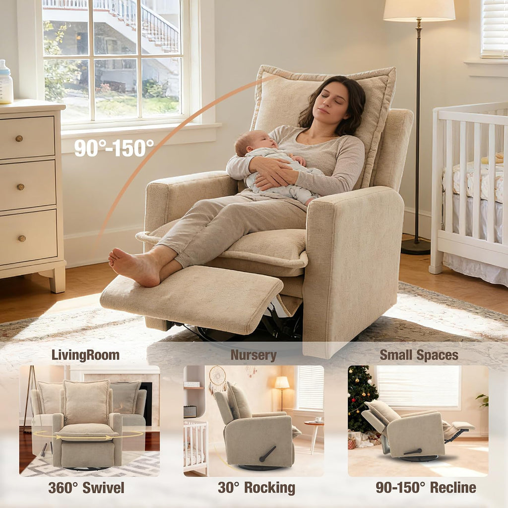 Rocking Chair Nursery Swivel Rocker Recliner Chair, High Back Adult Manual Recliner for Small Spaces, Glider Rocking Reclining Sofa for Living Room Bedroom, Beige