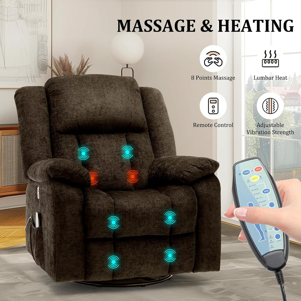 Korser Rocker Recliner Chair, Glider Recliner Chairs for Adults, 360° Swivel Recliner with Massage and Heating, Rocking Recliner Chair with Side Pockets and USB for Living Room, Bedroom, Nursery