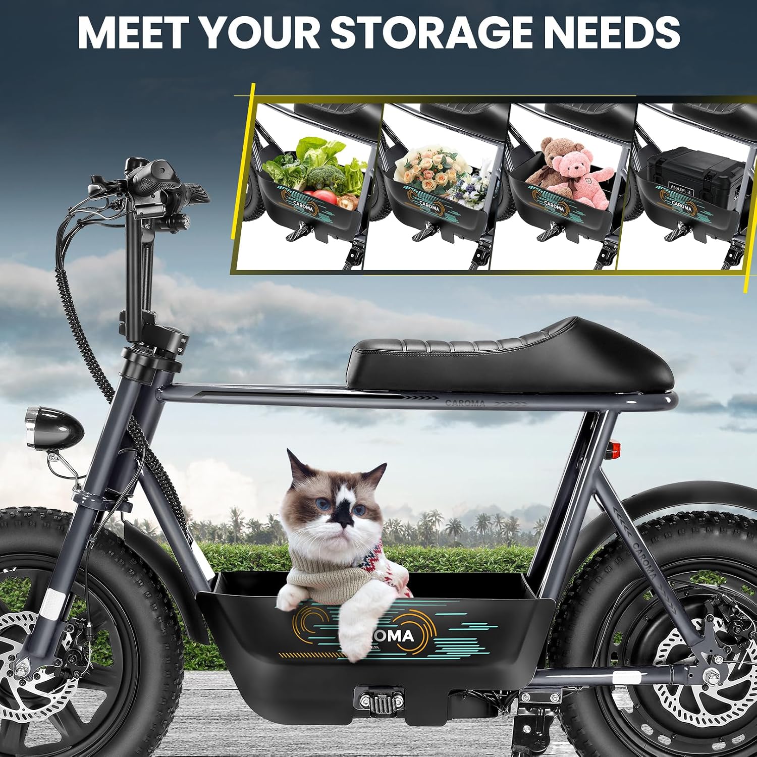 Caroma Peak 1200W/800W/500W Electric Scooter with Seat,16'×3' Fat Tire Ebike All-Terrain,Max 30Miles&20MPH Electric Scooter Adults,Electric Motorcycle Adults with Storage Basket for Pets&Cargo