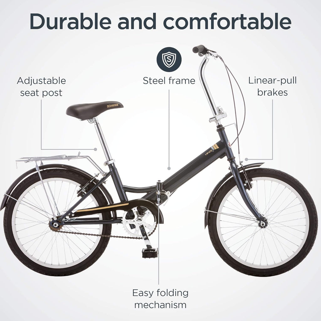 Schwinn Hinge Adult Folding Bike, 20-inch Wheels, Rear Carry Rack, Carrying Bag, Multiple Colors