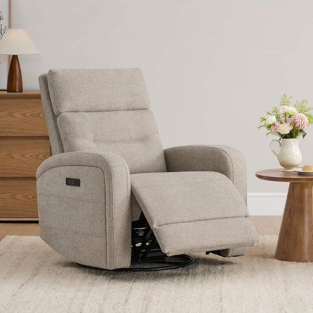 Watson & Whitely Swivel Power Recliner with Adjustable Headrest, Recliner Chairs for Adults, Small Glider Rocker for Living Room, Fabric in Khaki