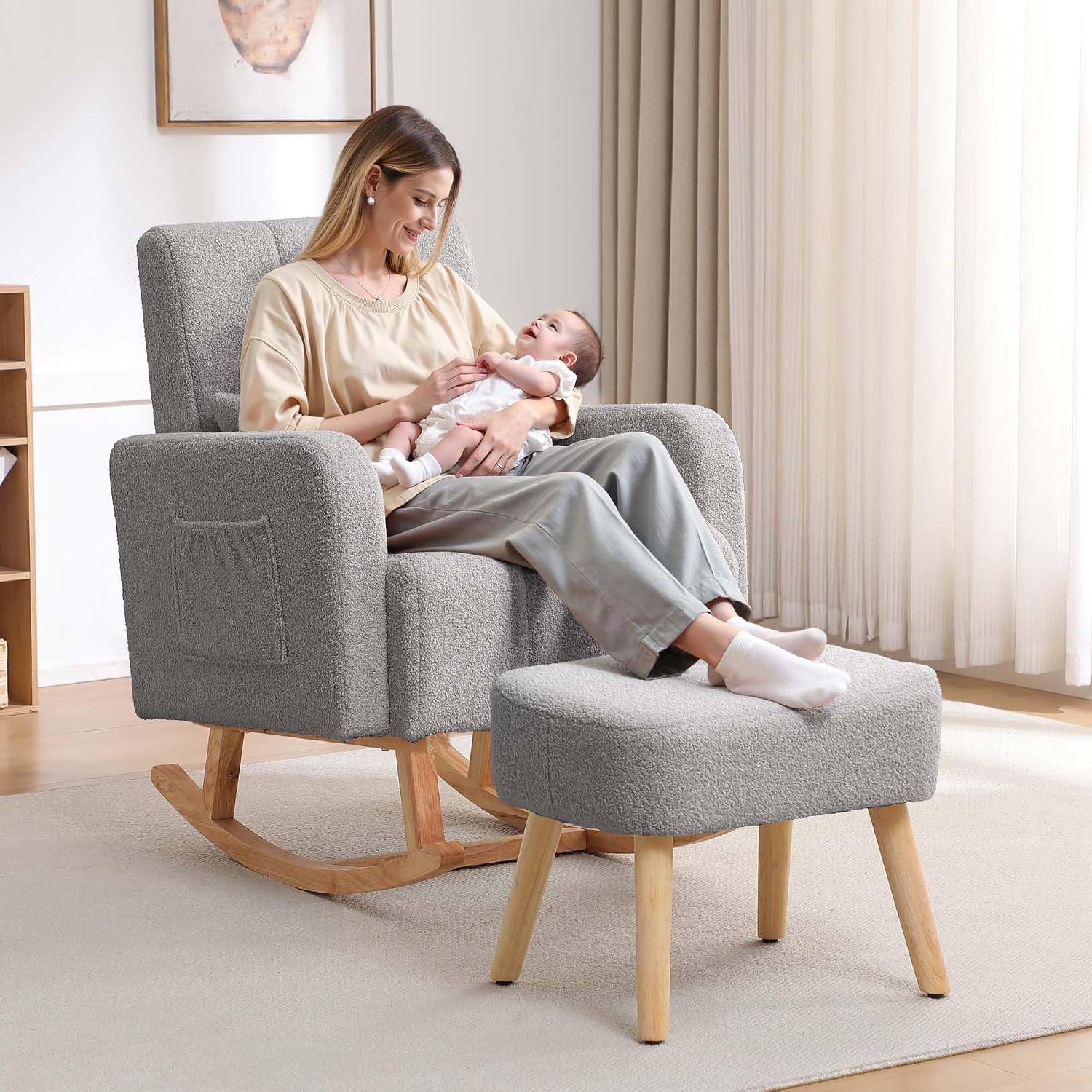 HCHAIRH Rocking Chair with Ottoman, Nursing Glider Rocker with High Backrest and Side Pocket, Comfy Reading Chair with Solid Wood Legs for Nursery/Living Room/Bedroom Light Grey