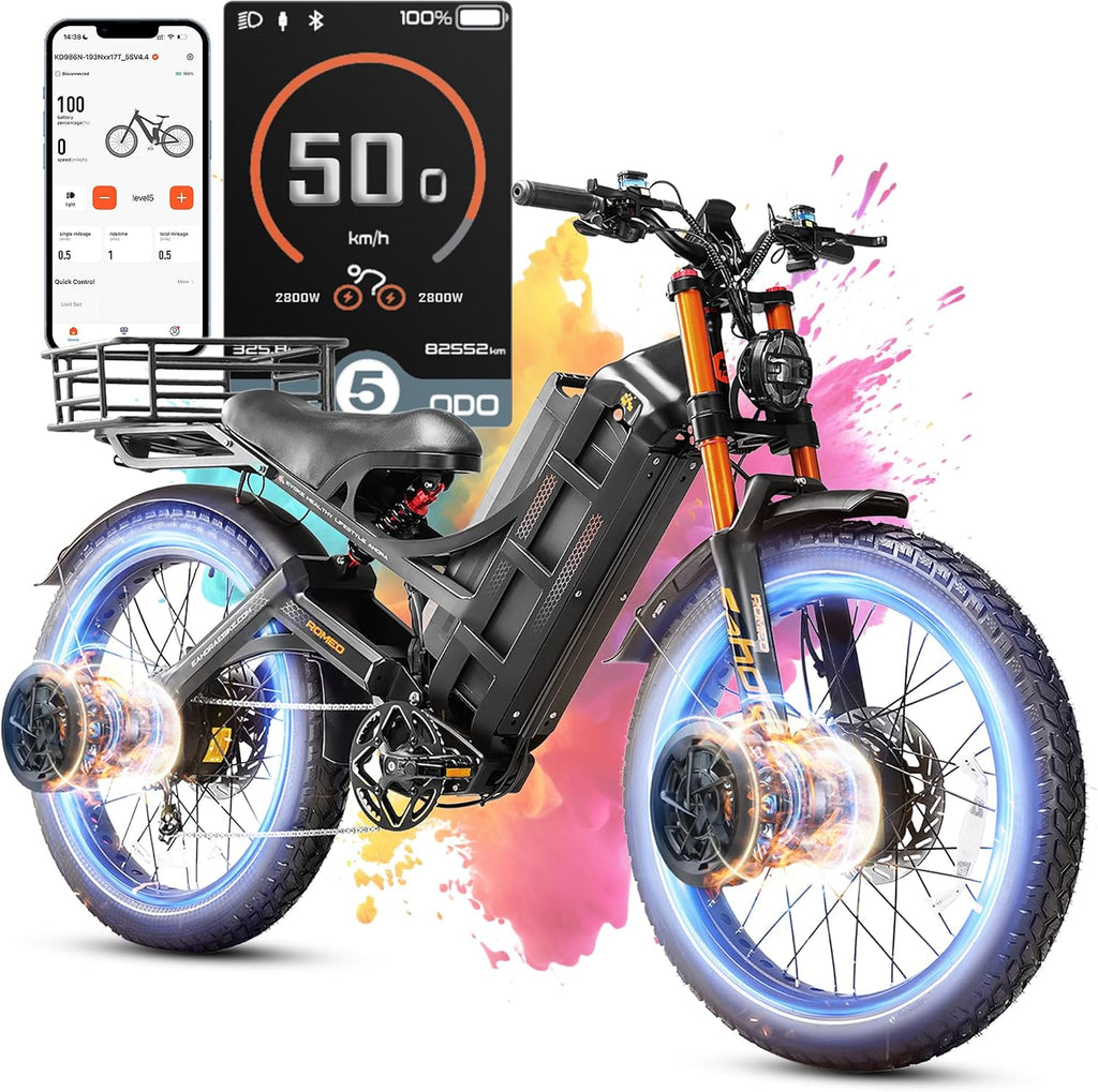 2026 eAhora Romeo Pro 3 50Mph/5600W Dual Motor Electric Bike for Adults, 60V 80Ah Removable Battery, 235+Miles Long Range, 26*4.0' All Terrain Fat Tire, Full Suspension, Hydraulic Brakes, APP Control