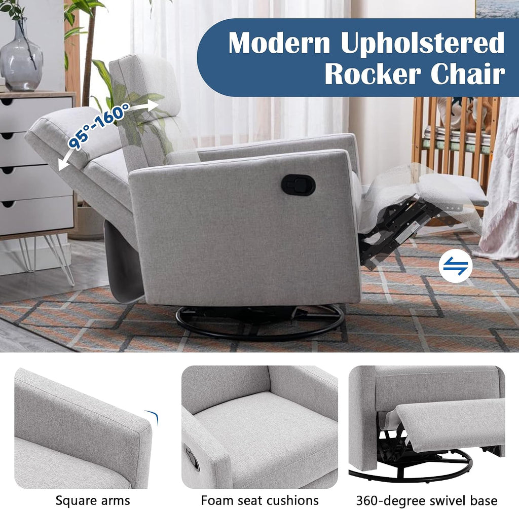 LUMISOL Swivel Rocking Recliner Chair for Adults, Nursery Swivel Glider Chair Manual Reclining Single Sofa Chair, Linen Upholstered Glider Rocker Recliner with High Back, Gray