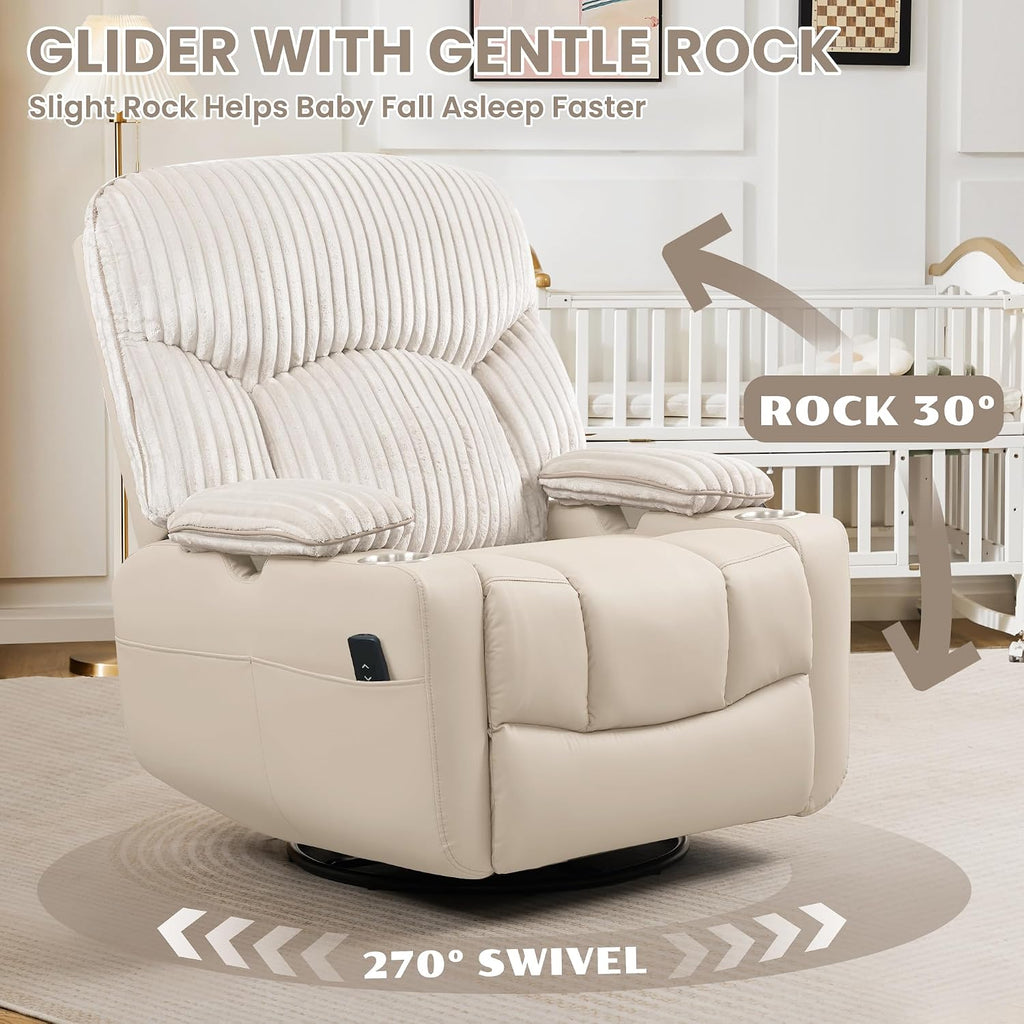 SUNWAVE Power Nursery Rocking Chair with Adjustable Armrests, Nursing Chair with USB, Cup Holders, Swivel Rocker Recliner with Corduroy and PU Leather Fabric