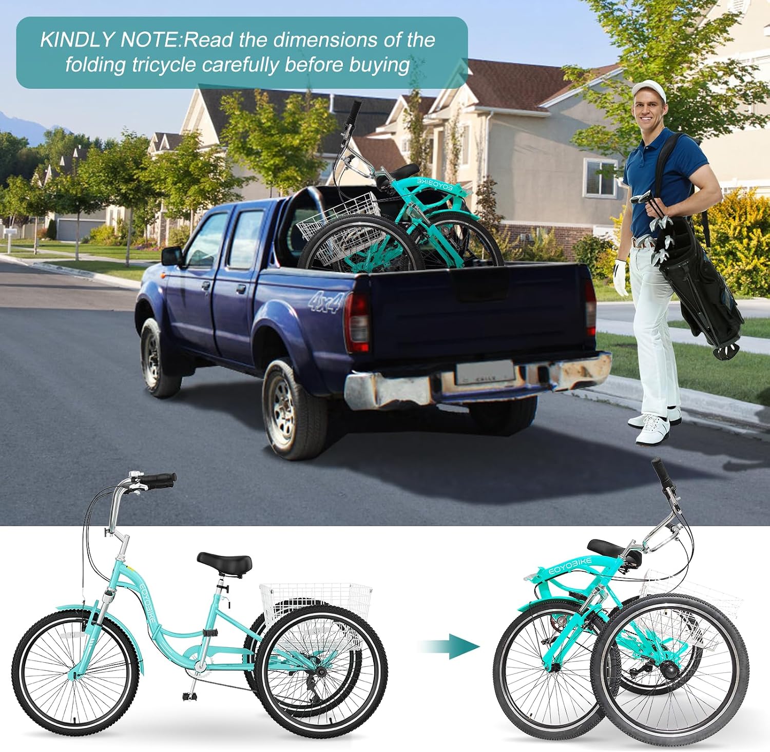 MOPHOTO Adult Folding Tricycle, 7-Speed 3 Wheel Bike for Adults, Seniors, Women & Men, 20/24/26 Inch Low Step-Through Trike with Large Rear Cargo Basket, Adjustable Seat, Space-Saving Cruiser Bicycle