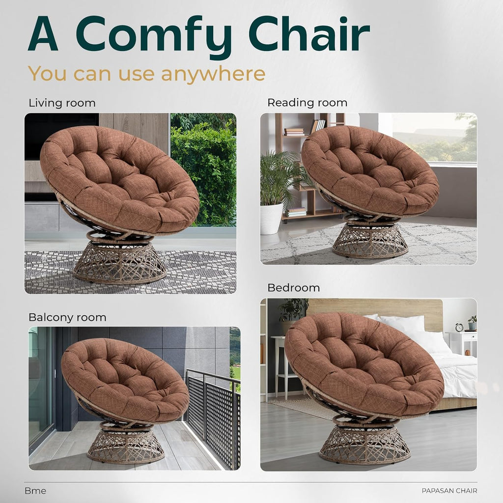 Bme 40' Ergonomic Wicker Papasan Chair with Soft Thick Density Fabric Cushion, High Capacity Steel Frame, 360 Degree Swivel for Living, Bedroom, Reading Room, Lounge, Cinnamon Mocha - Brown Base