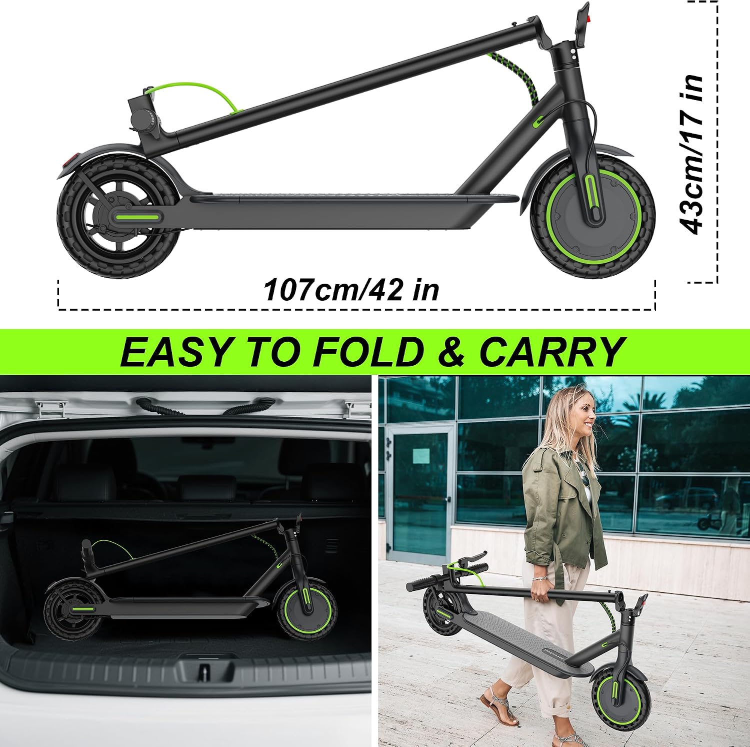 Aovowheel Electric Scooter for Adults, Folding E Scooter with 250W-500W Motor 16-24 Mph Top Speed, Max 15-60Miles Long Range,6.5''/8.5''/10''/14'' Solid Tires Commuting Scooters, Dual Brakes