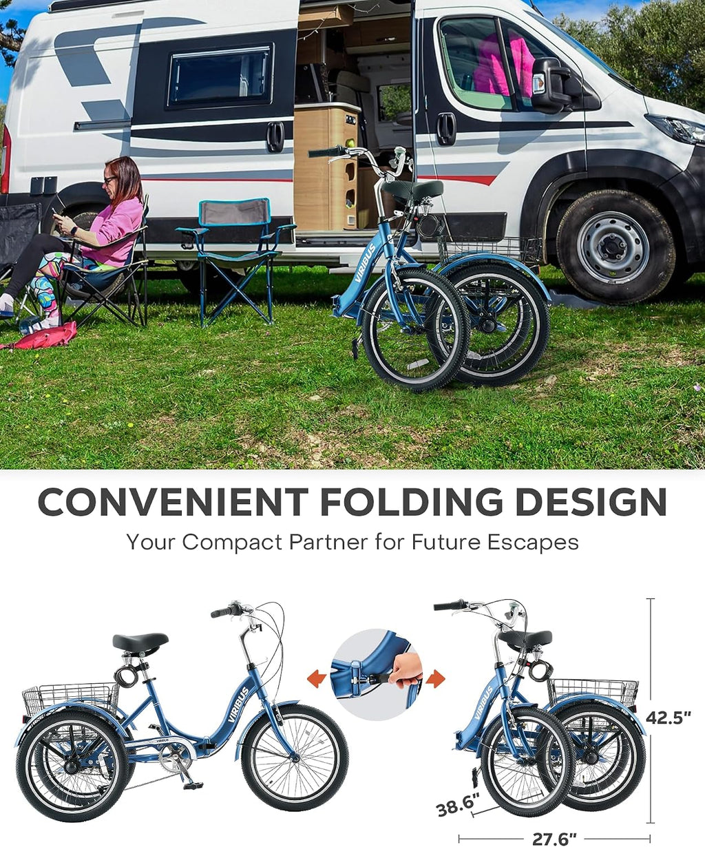 VIRIBUS Folding Tricycle for Adults, 20 inch Foldable Adult Tricycle 1 or 7 Speed Speed with Basket, Folding 3 Wheel Bikes for Adults Senior Women Men, Collapsible Mini Trike, Three Wheeler 330lb.