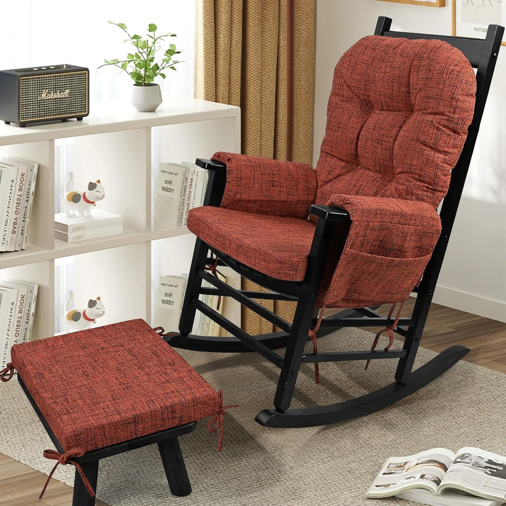 SINOSSO Glider Rocker Cushion Set (5 Pcs), Soft Blended Fabric High-Density Support Foam Seat Cushions with Ties, Fits Rocking Chair/Nursery Glider & Ottoman, Red