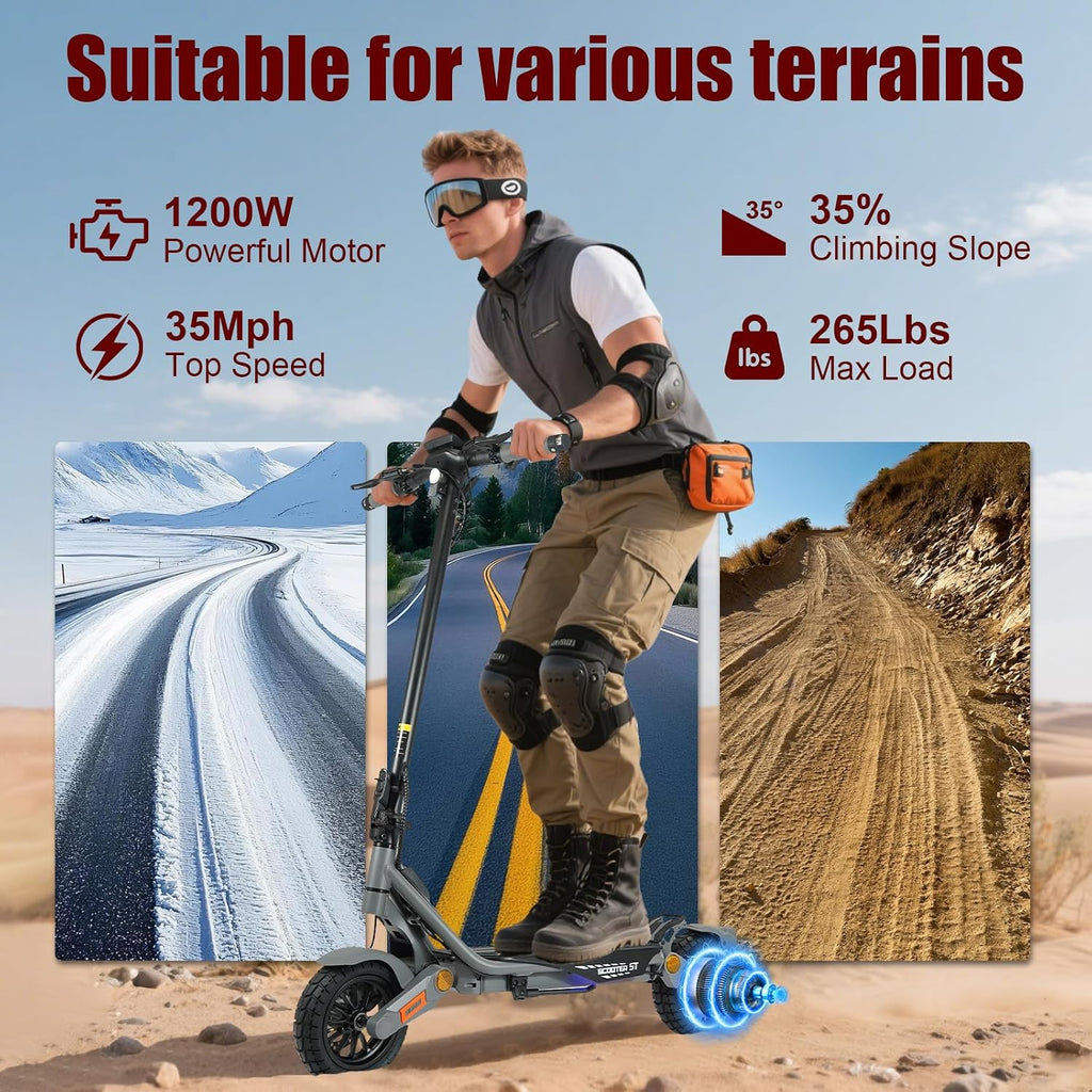 Fast Electric Scooter Adults, 1200W/5600W Off Road E Scooter, 35/50 Miles Long Range, 35/50 MPH Top Speed, 10/11' Tires, Foldable Kick Scooter for Adults and Teens with Dual Suspension