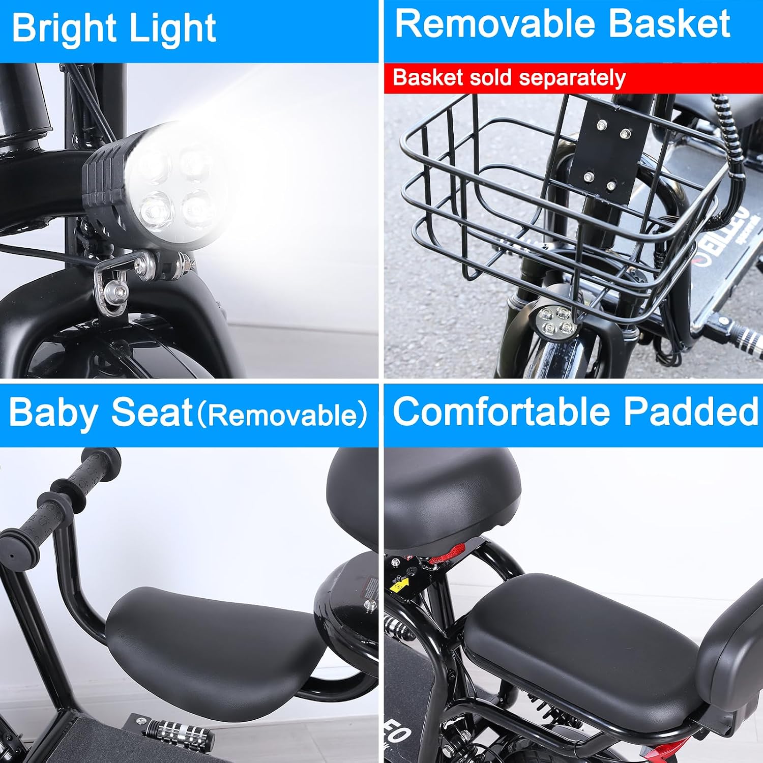 EILLEO Electric Scooter with 3 Seats for Adults Power by 500W Peak Motor, E Bike with 14' Pneumatic Tire and 20 Miles Range&17.4Mph, Electric Bicycle for Women/Man Black