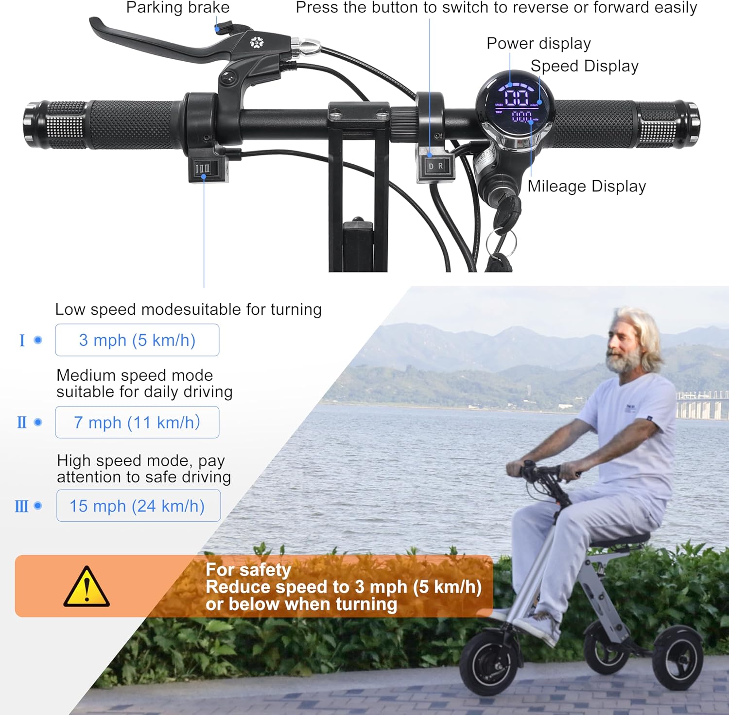 TopMate ES32 Electric Scooter 3 Wheels Foldable with Seat for Adults, Light Weight Mobility with Reverse Function and Key Switch, 10 Inch Pneumatic Tires Scooter