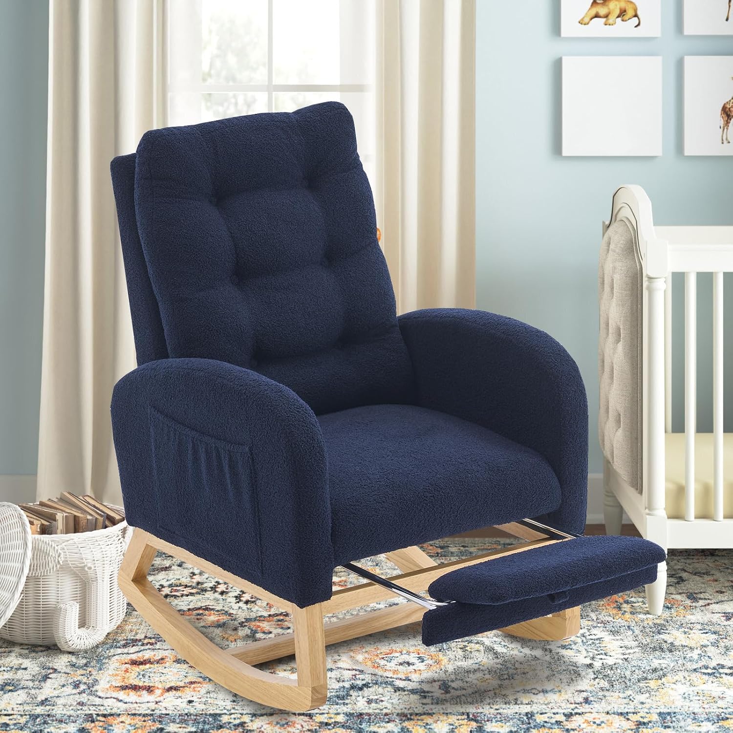 cinkehome Nursery Rocking Chair with Retractable Foot Rest, Teddy Glider Rocking Chair, Mid Century Rocker Chair, High Back, Solid Wood Legs