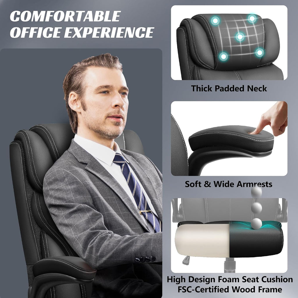 HeroSet Office Chair, Ergonomic Big and Tall Computer Desk Chairs, Executive Breathable Leather Chair with Adjustable Flip-up Armrests, Lumbar Support Swivel PC Chair with Rocking Function