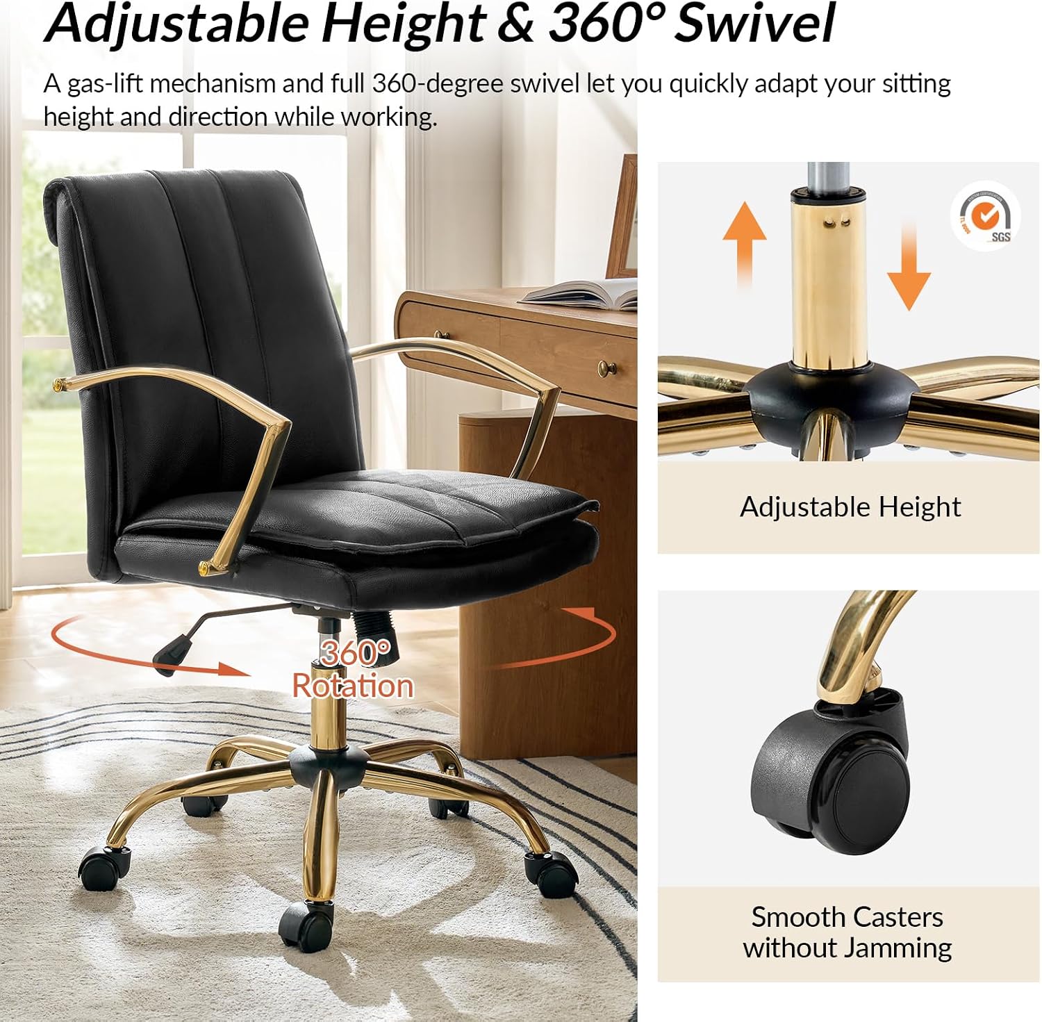 HULALA HOME Genuine Leather Home Office Desk Chair, Adjustable Swivel Computer Chair with Golden Legs and Arms, Comfy Upholstered Task Chair, Black