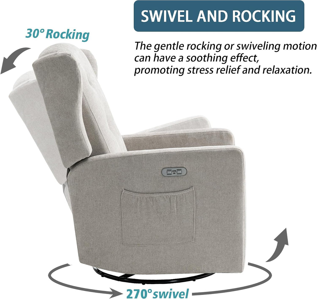 Ketaiyou Power Swivel Rocking Recliner Chair, High Back Electric Rocker Nursery Glider Chair, USB and Type-C Ports, Upholstered Fabric Reclining Single Sofa Chair for Living Room (Grey)
