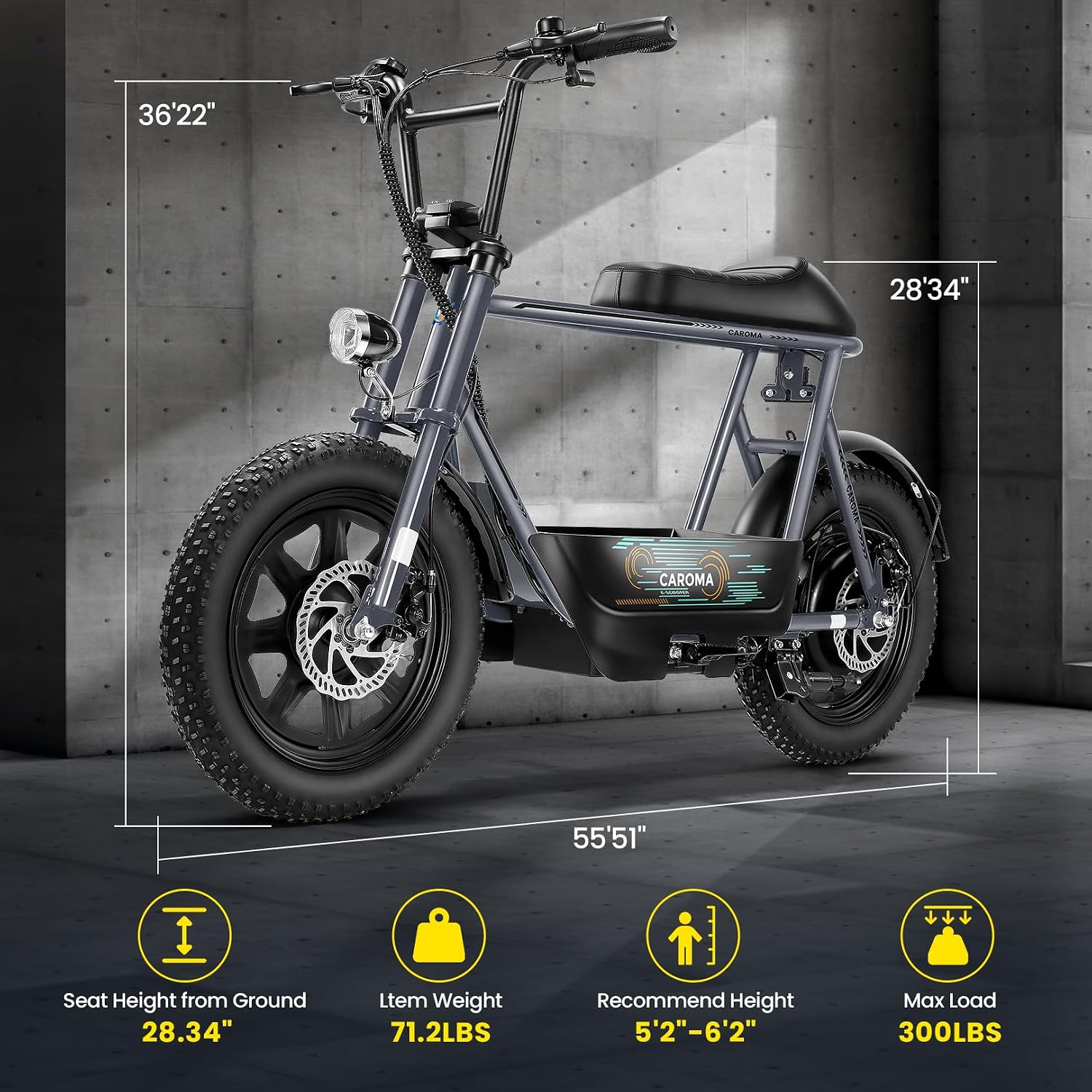 Caroma Peak 1200W/800W/500W Electric Scooter with Seat,16'×3' Fat Tire Ebike All-Terrain,Max 30Miles&20MPH Electric Scooter Adults,Electric Motorcycle Adults with Storage Basket for Pets&Cargo