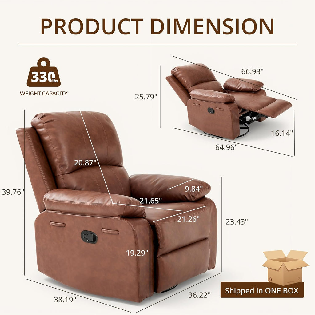 360° Swivel Rocking Leather Recliner Chair for Adults, Overstuffed Manual Recliner with Spring Cushion, Glider Rocking Nursery Single Sofa with Side Pockets for Living Room, Camel