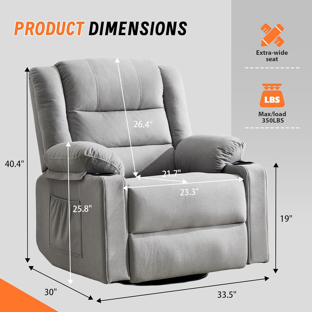 360°Swivel Rocker Recliner Chair for Adults,Manual Glider Recliner Sofa with Massage and Heating, Nursery Rocking Chairs with Cup Holds for Living Room Bedroom (Light Gray)