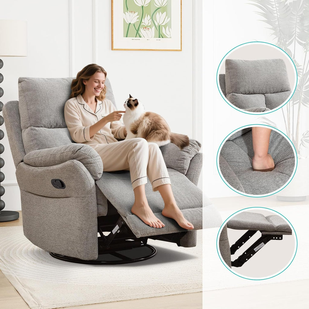 ANJ Swivel Rocker Recliner Chair, Manual Fabric Glider Nursery Recliner Chair, Single Rocking Modern Sofa Home Theater Seating for Living Room, Nursery (Silver)