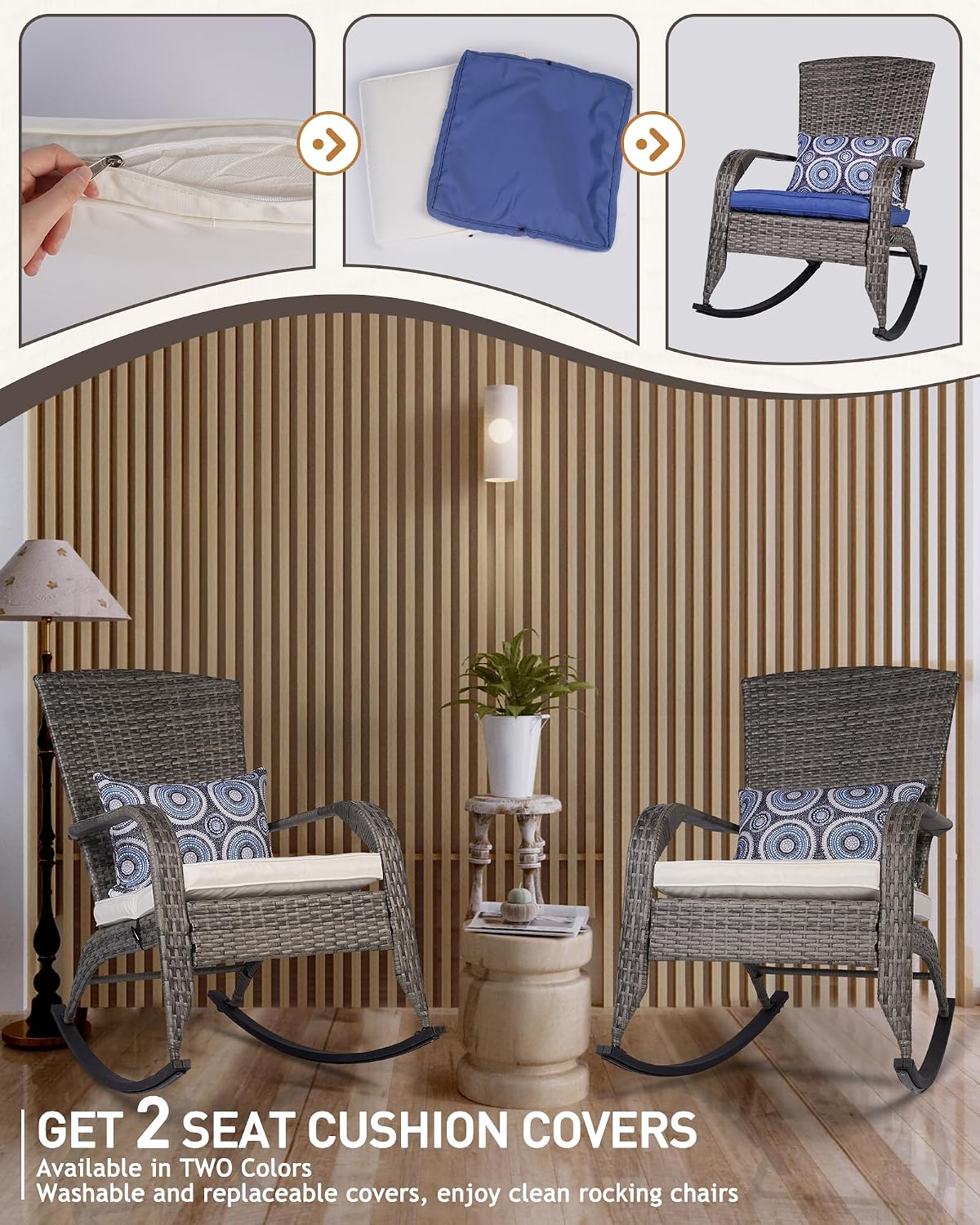 Outdoor Rocking Chair, Patio Rattan Rocker Chair with Cushions & Steel Frame, All Weather Porch Rocking Chair for Garden, Porch, Backyard, Poolside (Grey Rattan & Beige Cushion, 320lbs)