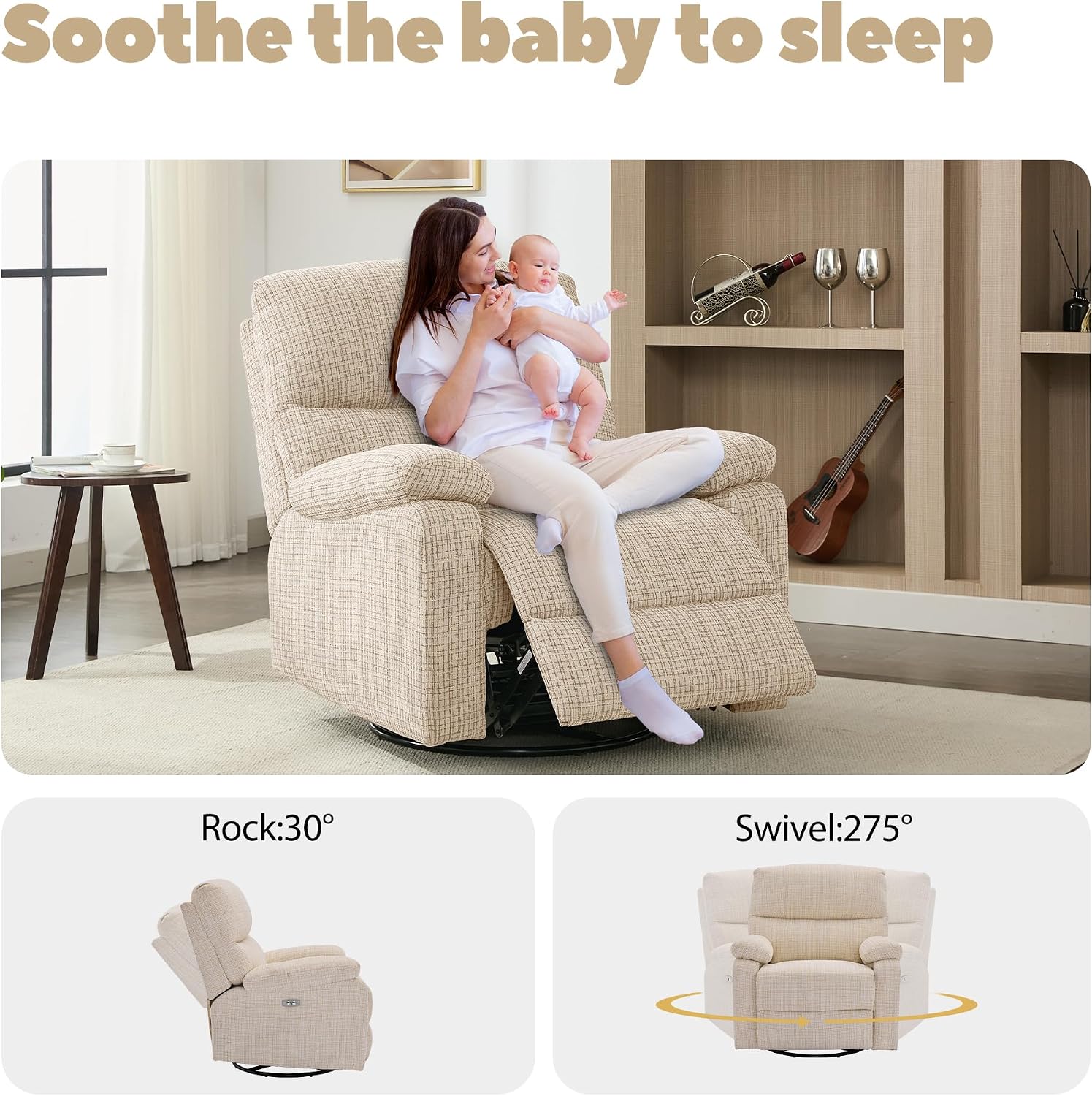 Power Nursery Swivel Recliner Lumbar Support Electric Rocking Swivel Glider with Adjustable Headrest Breastfeeding Swiveling Nursery Recliner Glider for Living Room Bedroom Nursing