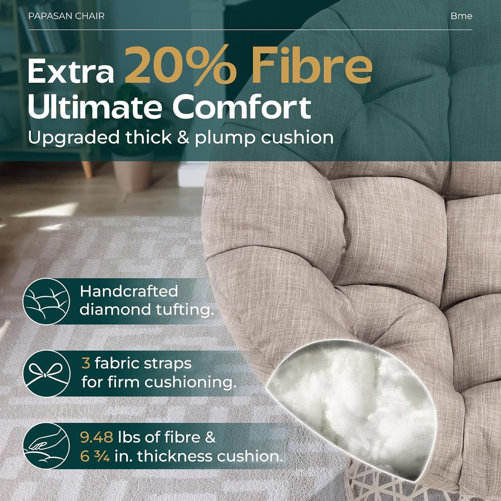 Bme 40' Ergonomic Wicker Papasan Chair with Soft Thick Density Fabric Cushion, High Capacity Steel Frame, 360 Degree Swivel for Living, Bedroom, Reading Room, Lounge