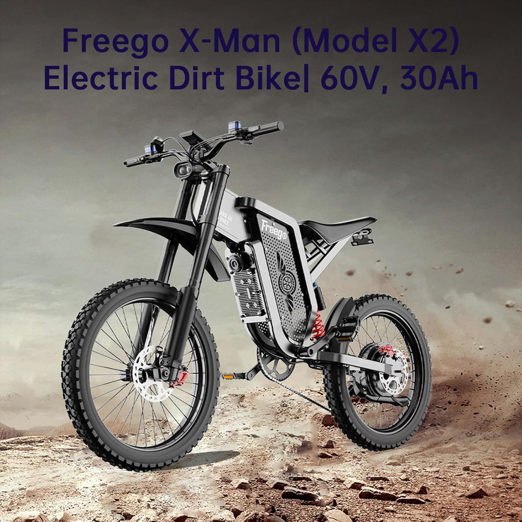 Freego Electric Motorcycle Bike for Adults Teen, X2 Electric Dirt Bike 6000W(Peak) Motor 60V/30Ah Removable Battery, 50MPH Off Road Electric Mountain Bike,19' x2 Tire, UL 2849 Certified