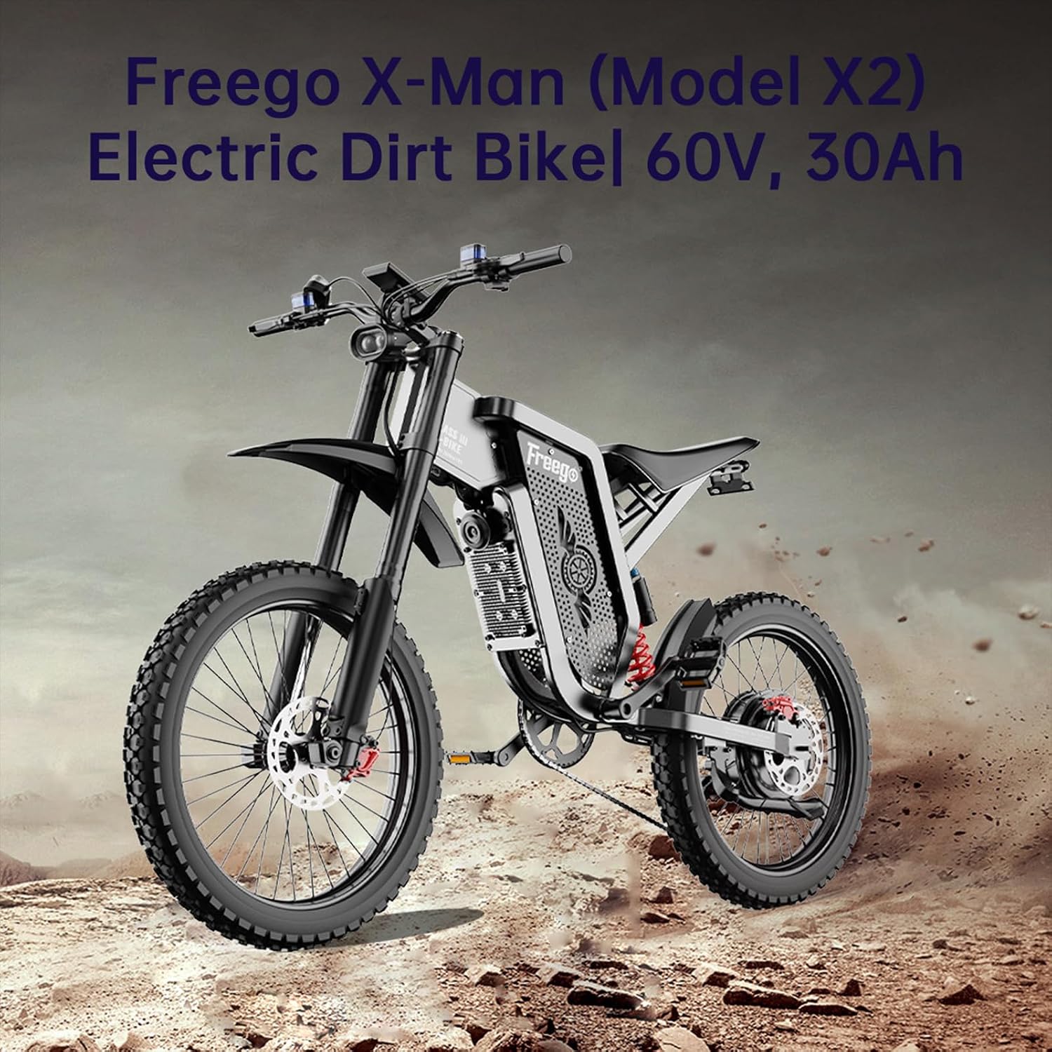 Freego Electric Motorcycle Bike for Adults Teen, X2 Electric Dirt Bike 6000W(Peak) Motor 60V/30Ah Removable Battery, 50MPH Off Road Electric Mountain Bike,19' x2 Tire, UL 2849 Certified