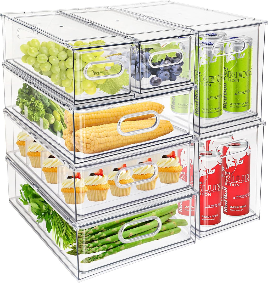 7Pack Clear Fridge Drawer Organizer Pull out Bins Stackable Refrigerator Organizer Bins with Handle for Kitchen Cabinet Organization Divided Produce Saver Container for Fruit Veggie Egg