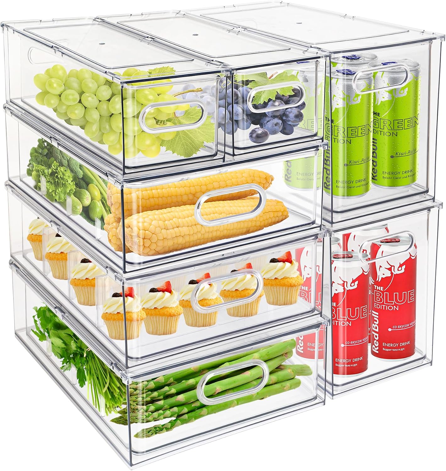 7Pack Clear Fridge Drawer Organizer Pull out Bins Stackable Refrigerator Organizer Bins with Handle for Kitchen Cabinet Organization Divided Produce Saver Container for Fruit Veggie Egg
